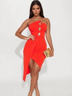 Fashion Nova Red One-Shoulder Asymmetric Dress with Gold Buttons